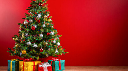 Brightly decorated Christmas tree stands proudly beside colorful gifts, casting a warm holiday spirit in a cozy room with a red backdrop and wooden flooring
