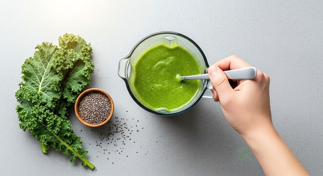 Person stirring green smoothie in blender with kale and chia seeds  