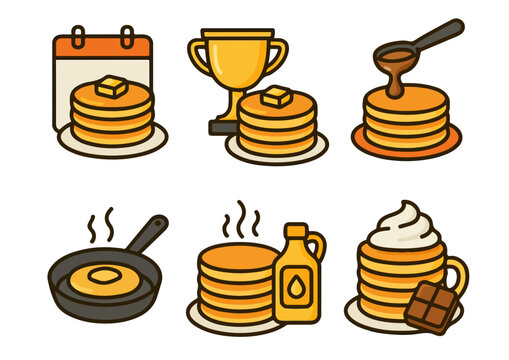 Pancake Day and Breakfast Celebration Icons. Flat vector icons for Pancake Day with pancakes, syrup, butter, and chocolate. Perfect for cafe branding, breakfast menu design, or food celebration.