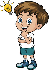 Cute cartoon boy with bright idea light bulb, smiling thinking kid showing creativity and intelligence concept vector illustration, white background