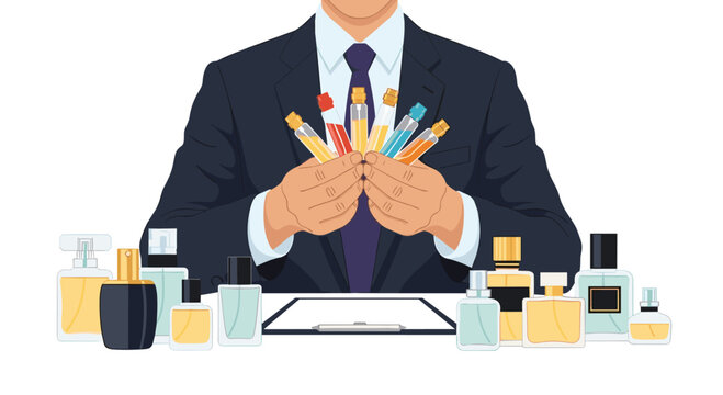 Professional businessman presents diverse perfume samples, showcasing fragrance collection and olfactory selection expertise for discerning buyers