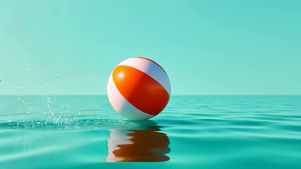A single vibrant beach ball floating on still turquoise water, casting a soft reflection. Clean, modern aesthetic with a focus on simplicity and summer vibes. 