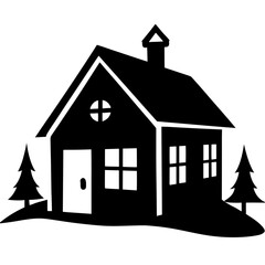 Silhouette of house with trees around on transparent background