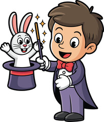Cute cartoon magician boy performing magic trick with magic wand and hat pulling out happy white rabbit, fun children vector illustration