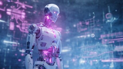 Fototapeta premium Futuristic Robot with Neon Circuit Background in High-Tech Digital Environment