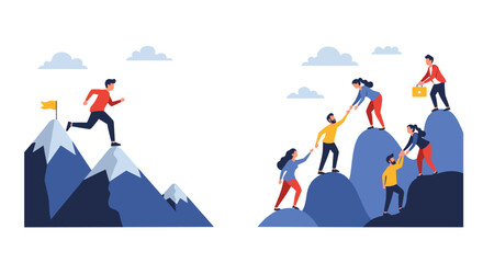 Dynamic team ascends mountains together, reaching summit goals with collaborative spirit and shared success, inspiring motivation
