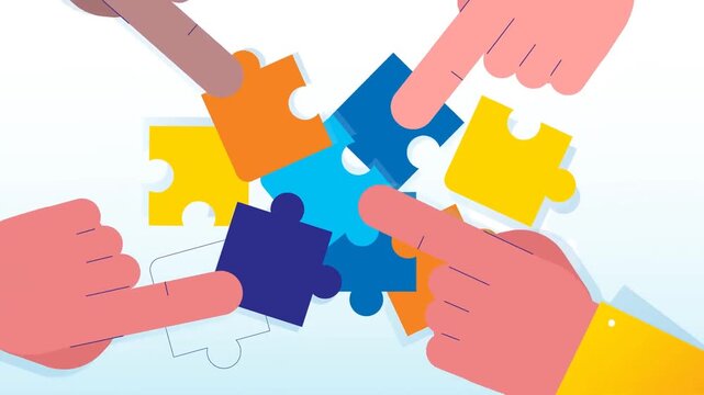 Animated puzzle pieces connecting for teamwork, collaboration and creative business solution concept