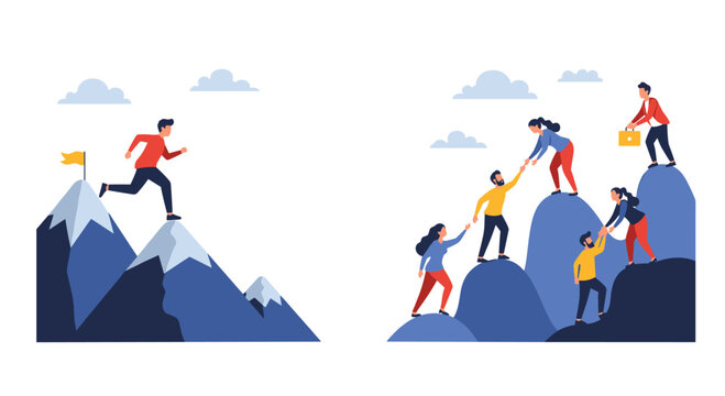 Dynamic team ascends mountains together, reaching summit goals with collaborative spirit and shared success, inspiring motivation