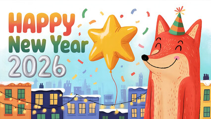 Happy New Year 2026 &ndash; Cute Fox with Party Hat, Star Balloon, and Festive City Celebration Illustration