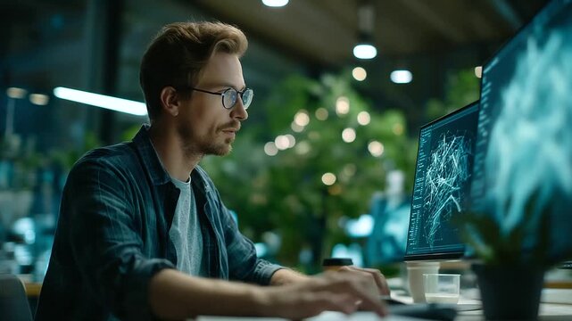 A game developer creates a Mars based virtual station using AI tools screens showing deep learning generated environments a modern studio with game art AI game development deep