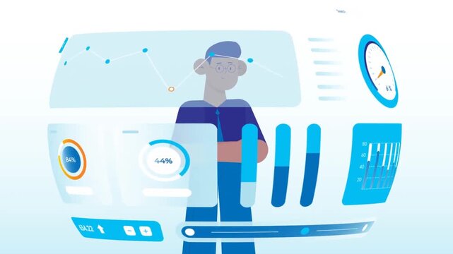 Futuristic digital workspace animation showing AI, innovation and advanced technology development concept