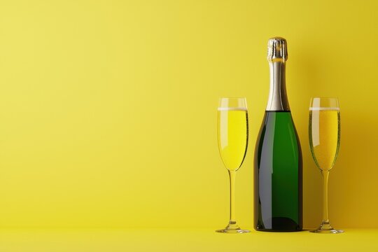 A green bottle of champagne stands between two flutes filled with bubbly set against a plain yellow background