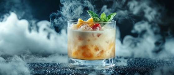 A cocktail with a smoky effect, decorated with fresh fruit and mint. Useful for advertising bars, culinary blogs, articles about mixed drinks and gastronomic trends.
