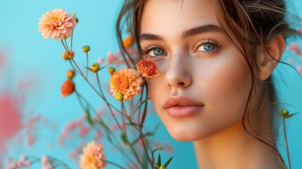 A girl with flowers against a blue background. Useful for advertising cosmetics, designing magazine covers, designing beauty websites, and creating visuals for fashion and style blogs.