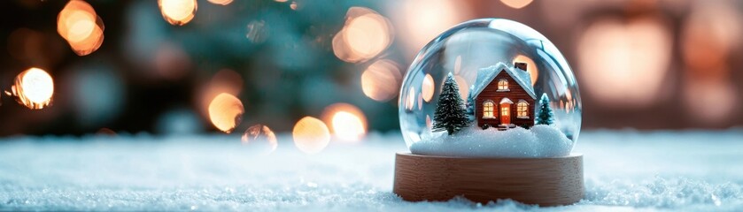 Snow globe with tiny house and trees resting on a snowy surface illuminated by bokeh lights