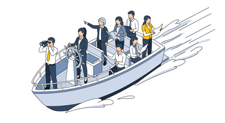 Confident business team charting course to success aboard fast moving vessel, leadership guiding future growth