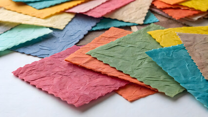 Pile of textured handmade papers in various pastel and vibrant colors stack