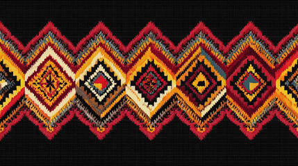 A detailed image of a vibrant, zigzagging ethnic pattern displayed on a black background, with the use of geometrical shapes and captivating colors