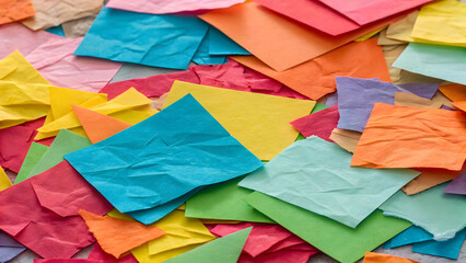 Scattered crumpled colorful paper squares and rectangles graphic design