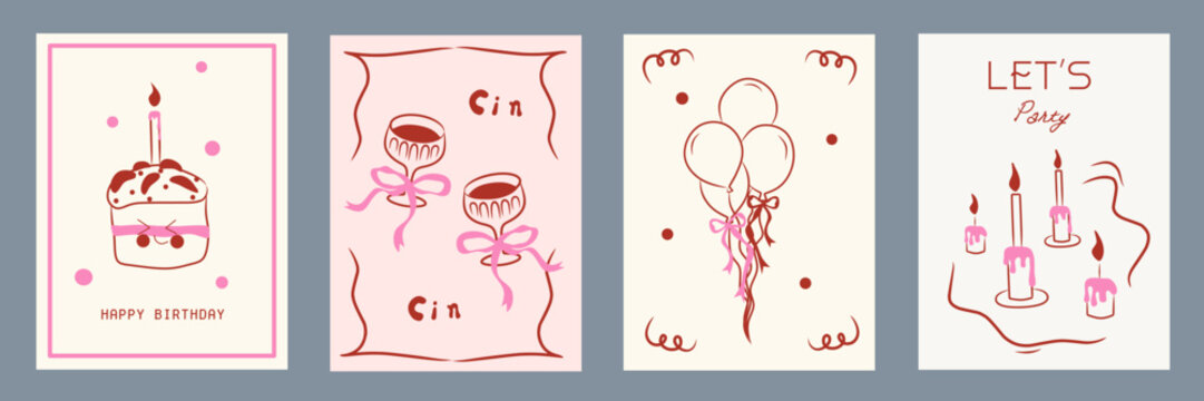 Set of vintage happy birthday greeting cards. Valentine's Day. Hand drawn whimsical frames with balloons, cupcake and birthday cake. Template for poster, banner, wedding invitation, birthday card.	