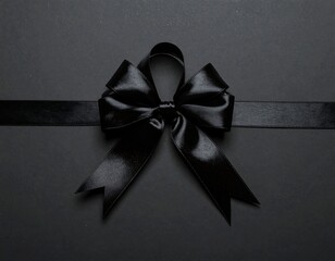 Overhead shot of a black satin bow and ribbon against a dark backdrop