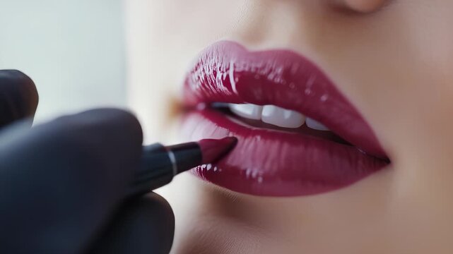 A woman applies dark lipstick with precision to her lips while focusing on achieving the perfect look. The woman&rsquo;s makeup process highlights her attention to detail and beauty.