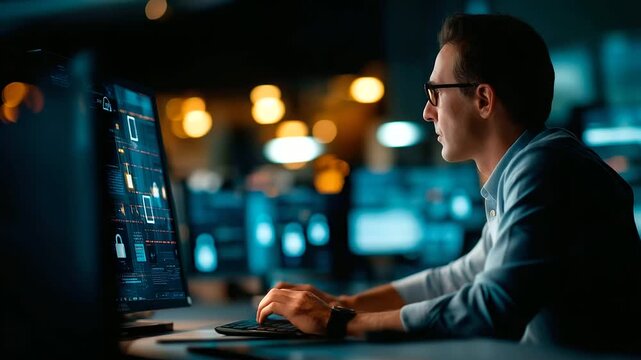 A cybersecurity analyst in a dimly lit operations room monitors and blocks automated threats with AI driven defenses dashboards showing intrusion attempts and padlock icons