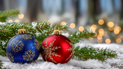 Beautifully decorated blue and red Christmas ornaments resting on fresh snow with evergreen branches and warm bokeh lights in the background during the holiday season