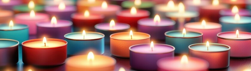 A collection of colorful lit tea lights with flames glowing warmly set against a blurred background