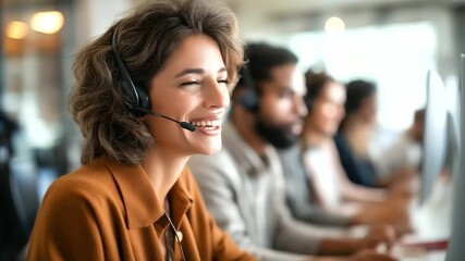 A multiethnic call center team uses AI chatbots on computers for multilingual support screens displaying translated client queries headsets on office buzzing with activity AI - Powered by Adobe