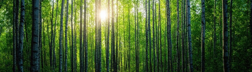 Fototapeta premium Sunlight streams through a dense forest of birch trees with vibrant green foliage