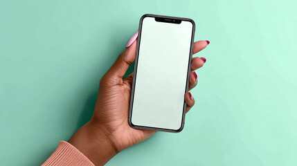 An individual's hand holding a smartphone with a blank screen on a teal background. The image has a clean aesthetic, perfect for showcasing content