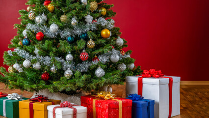 Bright and festive Christmas tree adorned with colorful ornaments and beautifully wrapped gifts gathered beneath, creating a warm holiday atmosphere in a cozy room