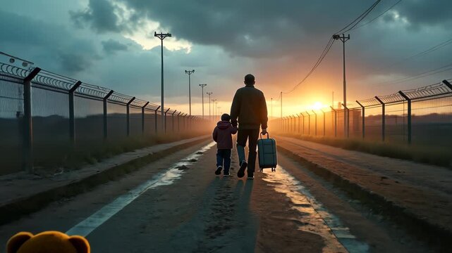 A somber scene at a border checkpoint under a stormy twilight sky, showcasing a multi-generational family clutching worn suitcases and documents, barbed wire fences stretching endlessly behind them. 