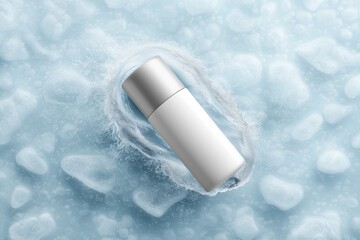White cosmetic bottle surrounded by bubbles on light blue surface