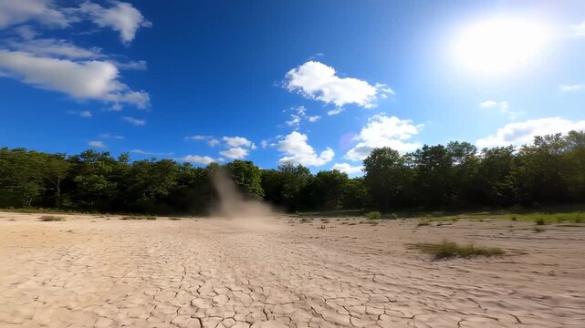 Cracked, dry earth stretches to trees under a sunny blue sky; small dust devil visible