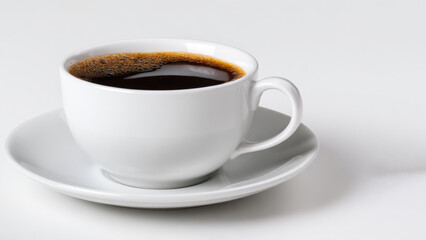 Steaming black coffee in a white cup sitting on a clean saucer against a simple background, creating a serene moment of relaxation and enjoyment during a quiet morning