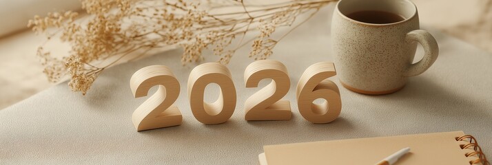 Wooden numbers 2026 on linen table near window with natural light, surrounded by dried flowers and warm mug