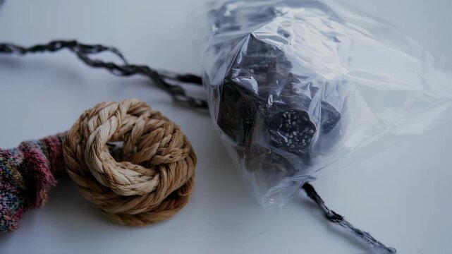 Various textures on a white background, including woven rope, colorful fabric, and a plastic bag