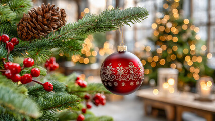 Bright red ornament hanging from a pine branch with festive lights and decorations in a cozy holiday setting