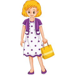 Smiling Young Woman With Blonde Bob Hair Wearing A Purple Cardigan Over A White Polka Dot Dress...