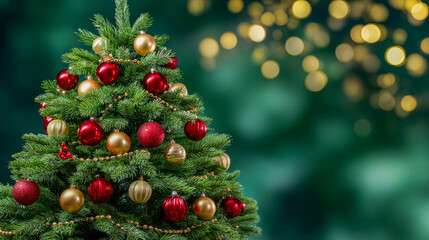 Festive Christmas tree adorned with vibrant ornaments and twinkling lights creates a cheerful atmosphere during the holiday season