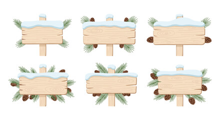 Fototapeta premium Winter wooden signs with pine cones and snow on rustic background