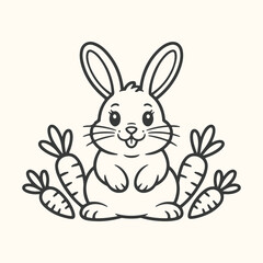Cute cartoon bunny rabbit sitting with carrots, simple line art illustration