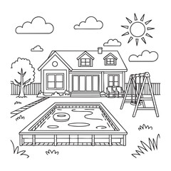 Black and white line drawing of a house with a swimming pool and swing set home