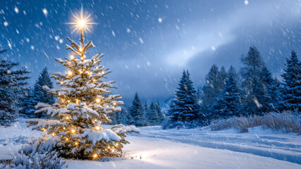 Winter wonderland scene with a beautifully lit Christmas tree in a snowy forest landscape during a gentle snowfall at dusk