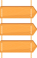Obraz premium Blank wooden arrow signs on ropes. Rustic direction pointers or message boards isolated on white background.