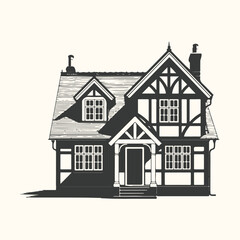 Tudor style house illustration, black and white