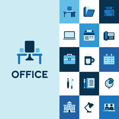 Office solid icons collection with desk, laptop, file, calendar, pen, coffee cup, and briefcase. Modern flat blue business and workplace vector symbols for productivity and corporate design