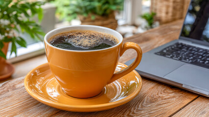 Enjoying a cup of freshly brewed coffee while working on a laptop at a cozy cafe during a sunny afternoon